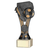 PEWTER/GOLD PLASTIC 'WEMBLEY' FIGURE ON CREAM MARBLE TROPHY - (1in CEN) - 7.25in